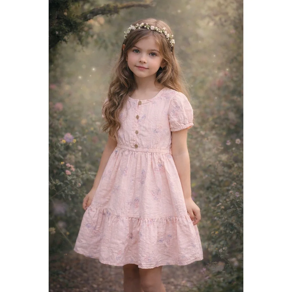 OshKosh Girls 8 Pink Butterfly Dress Puff Sleeve Tiered Cotton‎ Fairycore